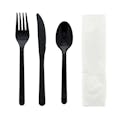 4-Piece Medium-Heavy Black Polypropylene Fork, Knife & Spoon with Napkin Cutlery Set, Individually Wrapped - Case of 500