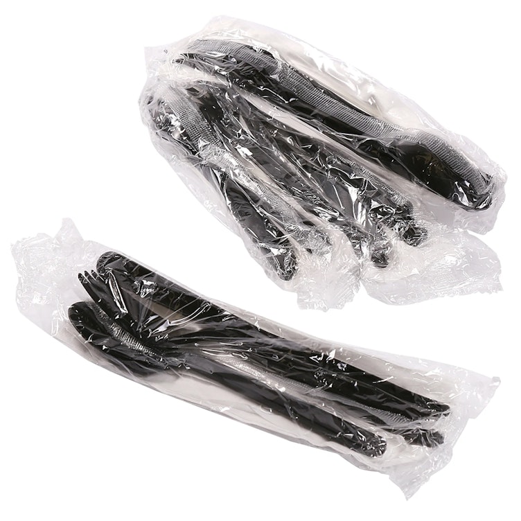 4-Piece Medium-Heavy Black Polypropylene Fork, Knife & Spoon with Napkin Cutlery Set, Individually Wrapped - Case of 500