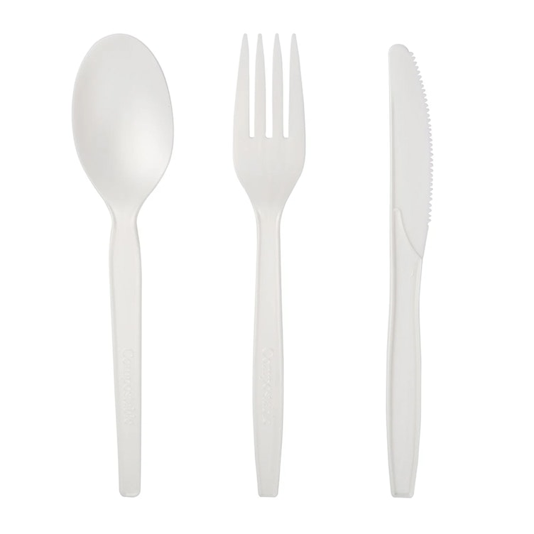3-Piece White CPLA Fork, Knife & Spoon Cutlery Set, Individually Wrapped - Case of 250