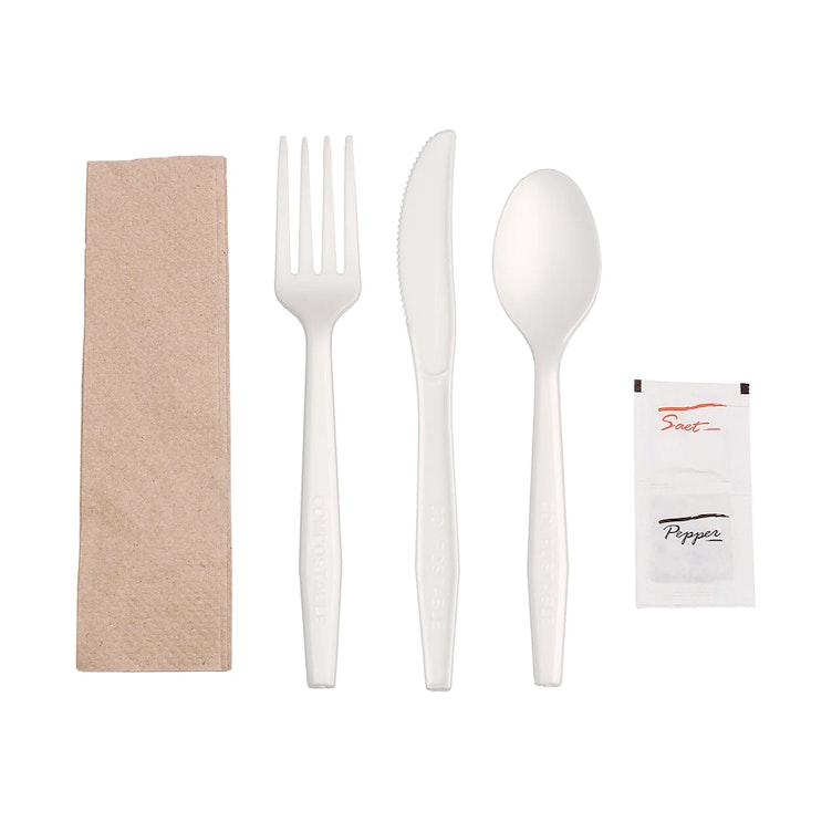 5-Piece White CPLA Fork, Knife & Spoon with Napkin & Salt & Pepper Packet Cutlery Set, Individually Wrapped - Case of 250