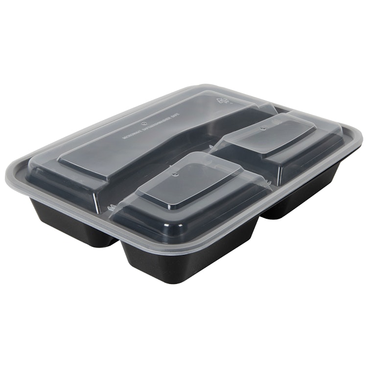 33 oz. Black Polypropylene Microwaveable Rectangular To-Go Container with 3 Compartments & Clear Lid - Case of 150