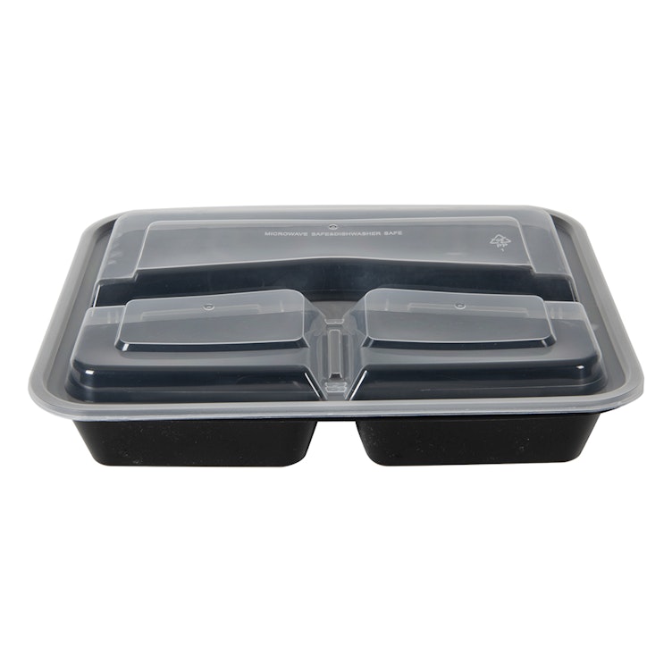 33 oz. Black Polypropylene Microwaveable Rectangular To-Go Container with 3 Compartments & Clear Lid - Case of 150