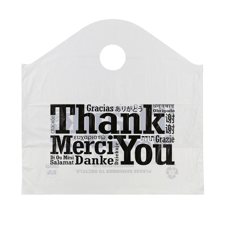 19" W x 18" L + 9-1/2" BG x 1 mil Printed Multilingual "Thank You" Takeout Bags with Wave Top Handles - Case of 500