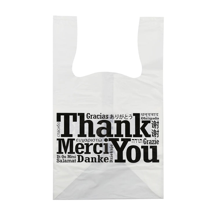 11-1/2" W x 19" L + 10-1/2" BG x 1 mil Printed Multilingual "Thank You" T-Shirt Takeout Bags with Flat Bottom - Case of 250