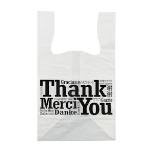 11-1/2" W x 19" L + 10-1/2" BG x 1 mil Printed Multilingual "Thank You" T-Shirt Takeout Bags with Flat Bottom - Case of 250