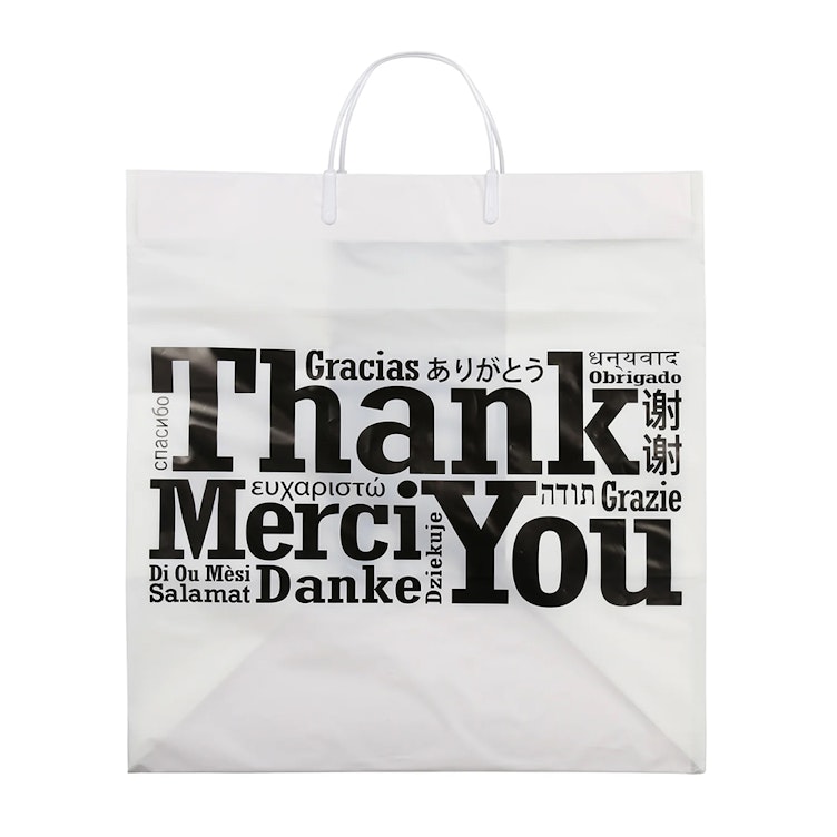 14" W x 15" L + 10" BG x 2 mil Printed Multilingual "Thank You" Takeout Bags with Rigid Handles - Case of 100