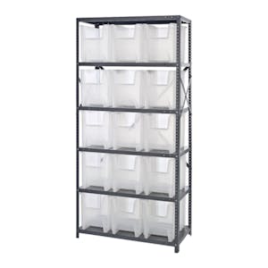 36" W x 18" D x 75" Hgt. Giant Stack Steel Shelving System Unit with 15 - 17-1/2" L x 10-7/8" W x 12-1/2" Hgt. Clear Bins