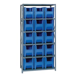36" W x 18" D x 75" Hgt. Giant Stack Steel Shelving System Unit with 15 - 17-1/2" L x 10-7/8" W x 12-1/2" Hgt. Blue Bins