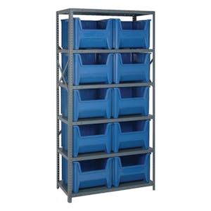 36" W x 18" D x 75" Hgt. Giant Stack Steel Shelving System Unit with 10 - 17-1/2" L x 16-1/2" W x 12-1/2" Hgt. Blue Bins