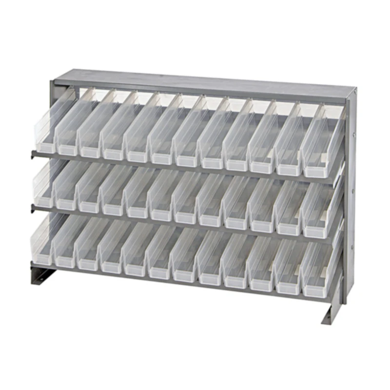 Bench Rack Sloped Shelving Systems with 36 Clear Bins