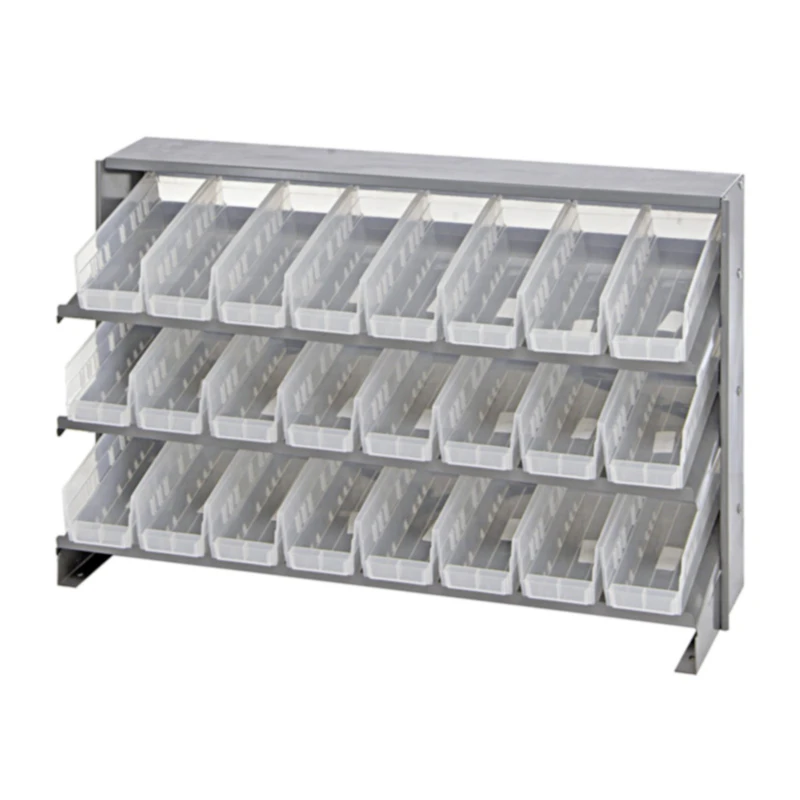 Bench Rack Sloped Shelving Systems with 24 Clear Bins