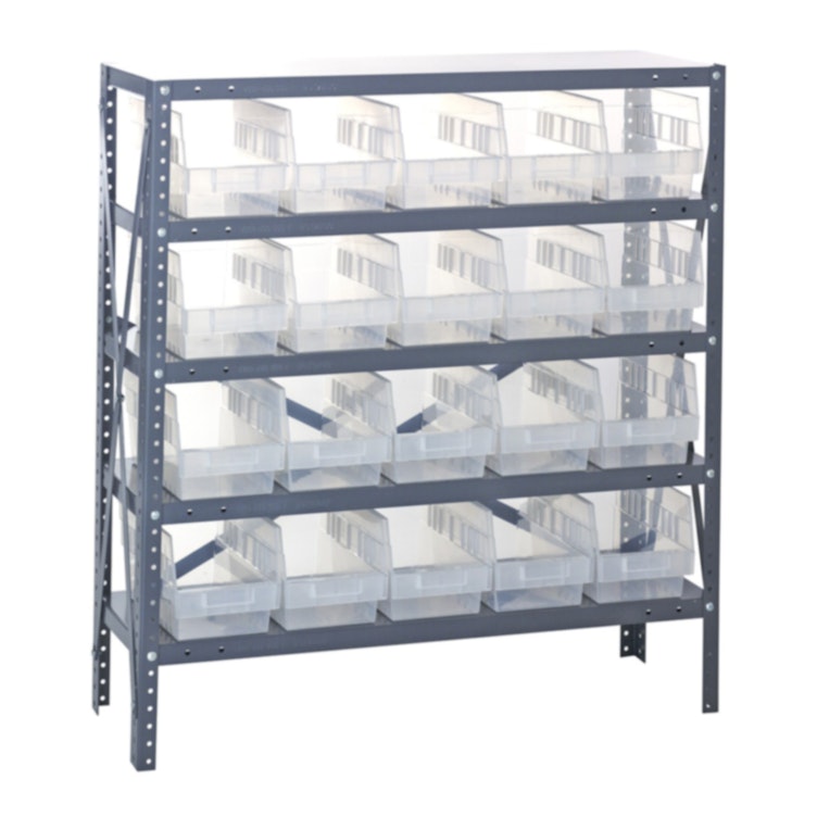 18" W x 36" L x 39" Hgt. Unit with 5 Shelves & 32 - 17-7/8" L x 4-1/8" W x 6" Hgt. Clear Bins