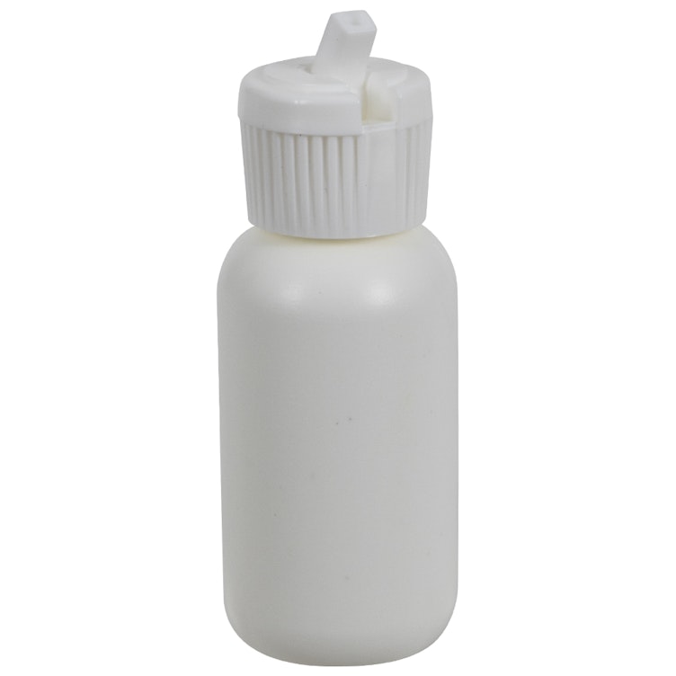 1 oz. White HDPE Boston Round Bottle with 20/410 White Ribbed Flip-Top Dispensing Cap