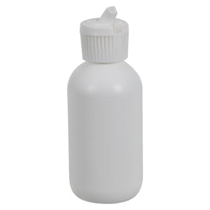 2 oz. White HDPE Boston Round Bottle with 20/410 White Ribbed Flip-Top Dispensing Cap