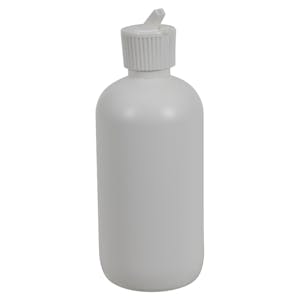8 oz. White HDPE Boston Round Bottle with 24/410 White Ribbed Flip-Top Dispensing Cap