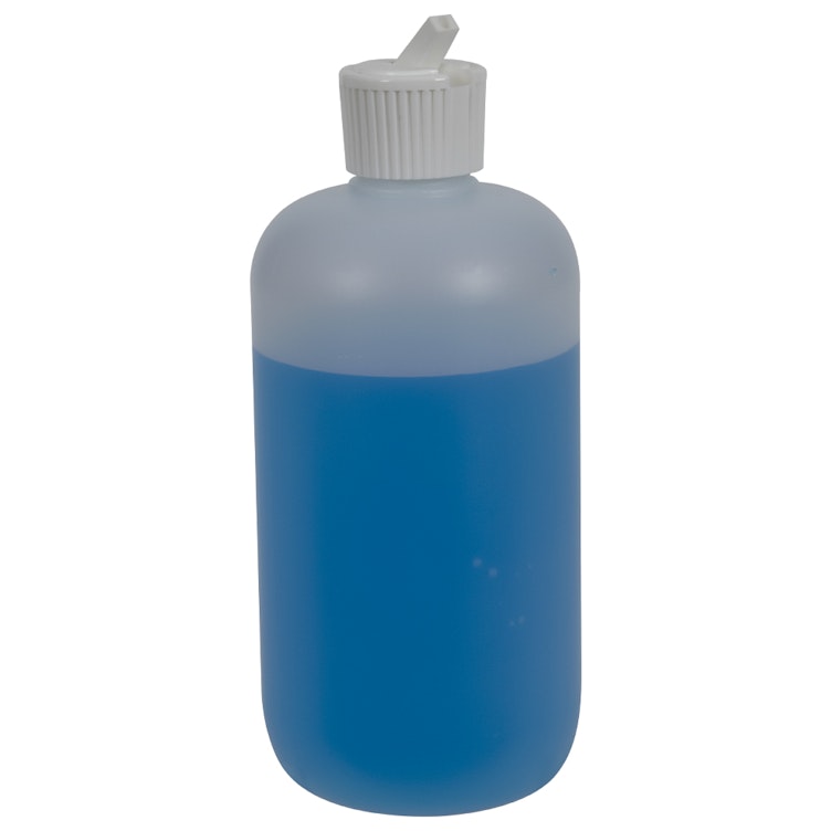 16 oz. Natural HDPE Boston Round Bottle with 28/410 White Ribbed Flip-Top Dispensing Cap