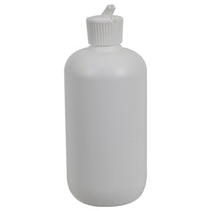 12 oz. White HDPE Boston Round Bottle with 24/410 White Ribbed Flip-Top Dispensing Cap
