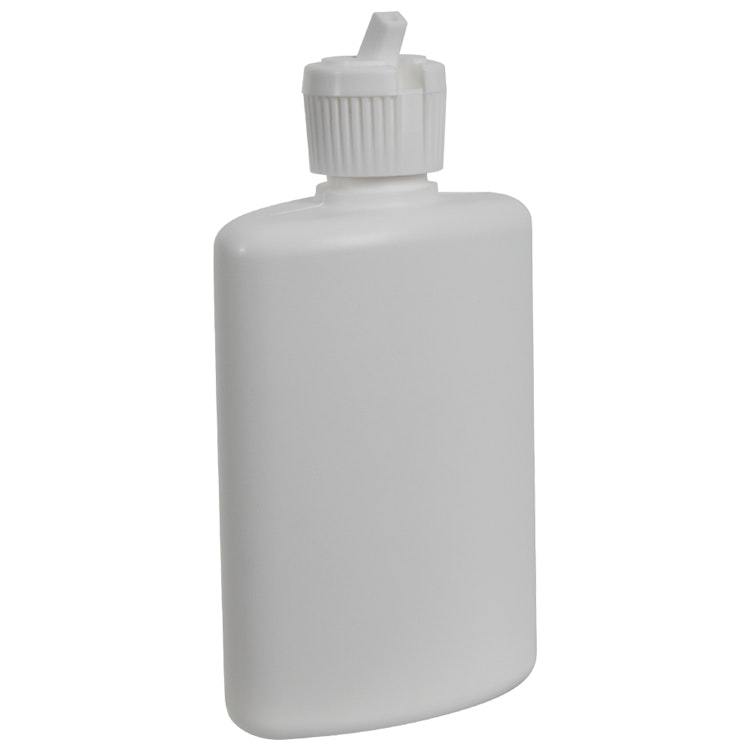 4 oz. White HDPE Oval Bottle with 20/410 White Ribbed Flip-Top Dispensing Cap