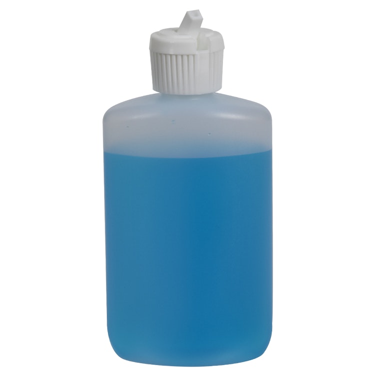 3 oz. Natural HDPE Oval Bottle with 20/410 White Ribbed Flip-Top Dispensing Cap