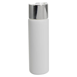 8 oz. White HDPE Cylindrical Sample Bottle with 24/410 Silver & White Oversized Disc-Top Dispensing Cap