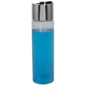 8 oz. Clear PVC Cylindrical Bottle with 24/410 Silver & Black Oversized Disc-Top Dispensing Cap