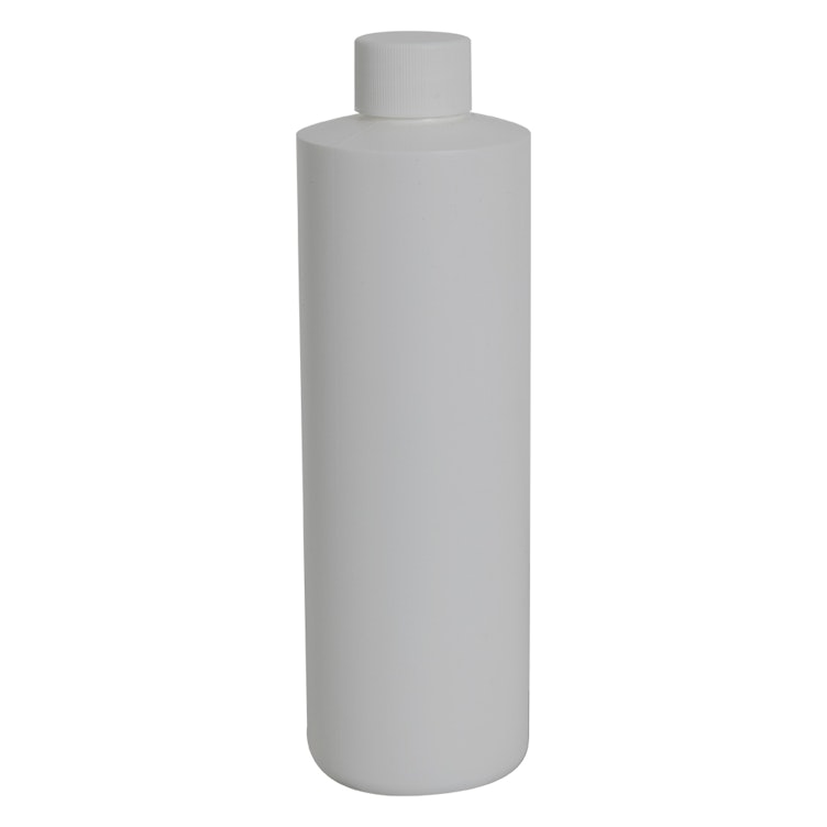 16 oz. White HDPE Cylindrical Sample Bottle with 28/410 White Ribbed Cap with F217 Liner