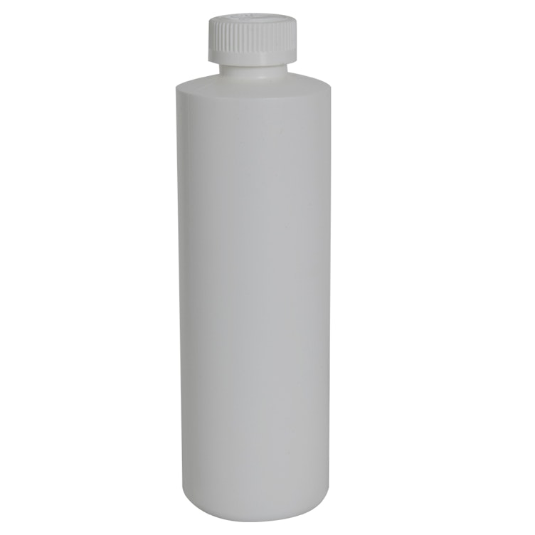 16 oz. White HDPE Cylindrical Sample Bottle with 28/410 White Ribbed CRC Cap with F217 Liner
