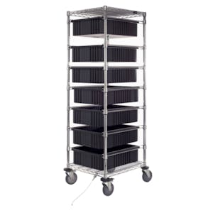 24" L x 21" W x 69" Hgt. Conductive Mobile Cart with 7 - 22-1/2" L x 17-1/2" W x 6" Hgt. Black Conductive Containers