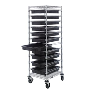 24" L x 21" W x 69" Hgt. Conductive Mobile Cart with 11 - 22-1/2" L x 17-1/2" W x 3" Hgt. Black Conductive Containers
