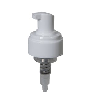 43mm White Polypropylene Dispensing Foaming Pump with 4-5/16" Dip Tube, 0.7mL Output & Clear Over-Cap