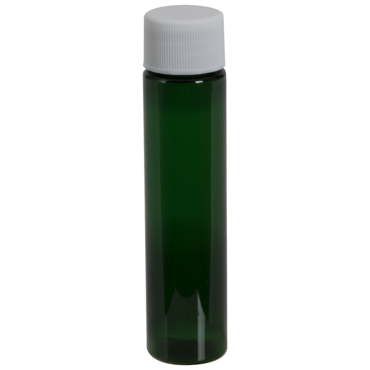 1 oz. Green Slim PET Cylinder Bottle with 20/410 White Ribbed Cap with F217 Liner