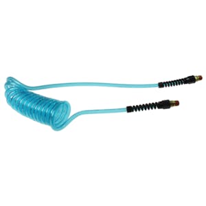 1/4" ID x 3/8" OD FLEXCOIL® Transparent Blue Polyurethane Air Hose with Strain Relief & (2) 1/4" Swivel MNPT Fittings - 25' L