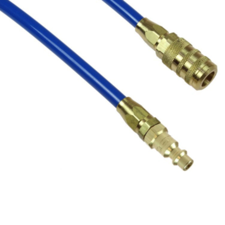 1/4" ID x 3/8" OD FLEXCOIL® Blue Polyurethane Air Hose with (1) 1/4" Industrial Coupler & (1) 1/4" Industrial Connector Fittings - 25' L