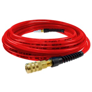 1/4" ID x 3/8" OD FLEXEEL® Reinforced Transparent Red Polyurethane Air Hose with Strain Relief, 1/4" Industrial Coupler & 1/4" Industrial Connector Fittings - 25' L