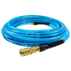 1/4" ID x 3/8" OD FLEXEEL® Reinforced Transparent Blue Polyurethane Air Hose with Strain Relief, 1/4" Industrial Coupler & 1/4" Industrial Connector Fittings - 50' L