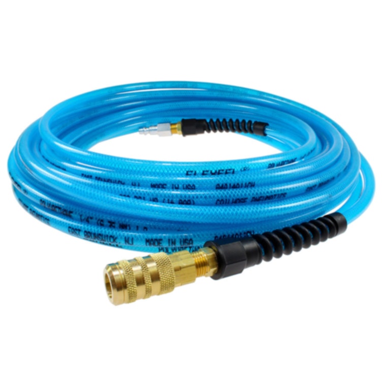 3/8" ID x 9/16" OD FLEXEEL® Reinforced Transparent Blue Polyurethane Air Hose with Strain Relief, 1/4" Industrial Coupler & 1/4" Industrial Connector Fittings - 50' L