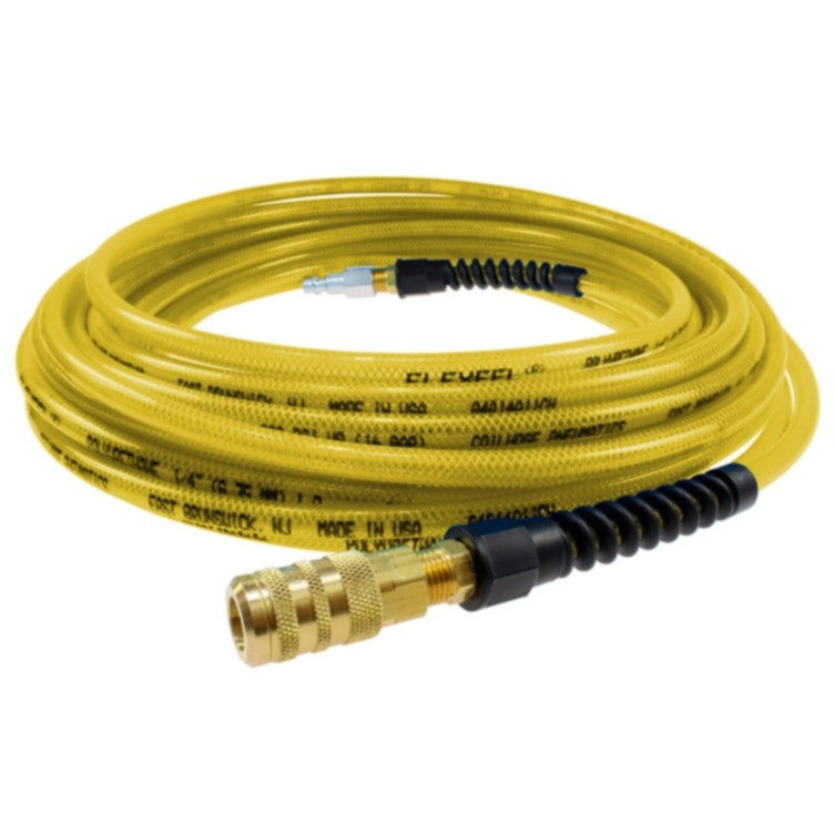 1/4" ID x 3/8" OD FLEXEEL® Reinforced Transparent Yellow Polyurethane Air Hose with Strain Relief, 1/4" Industrial Coupler & 1/4" Industrial Connector Fittings - 100' L
