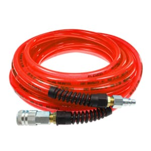 3/8" ID x 9/16" OD FLEXEEL® Reinforced Transparent Red Polyurethane Air Hose with Strain Relief, 3/8" Industrial Coupler & 3/8" Industrial Connector Fittings - 100' L