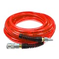 3/8" ID x 9/16" OD FLEXEEL® Reinforced Transparent Red Polyurethane Air Hose with Strain Relief, 3/8" Industrial Coupler & 3/8" Industrial Connector Fittings - 50' L