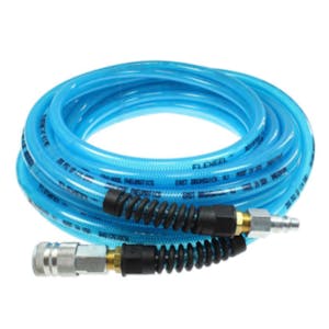 3/8" ID x 9/16" OD FLEXEEL® Reinforced Transparent Blue Polyurethane Air Hose with Strain Relief, 3/8" Industrial Coupler & 3/8" Industrial Connector Fittings - 100' L