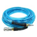 3/8" ID x 9/16" OD FLEXEEL® Reinforced Transparent Blue Polyurethane Air Hose with Strain Relief, 3/8" Industrial Coupler & 3/8" Industrial Connector Fittings - 50' L