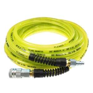 3/8" ID x 9/16" OD FLEXEEL® Reinforced Transparent Yellow Polyurethane Air Hose with Strain Relief, 3/8" Industrial Coupler & 3/8" Industrial Connector Fittings - 100' L