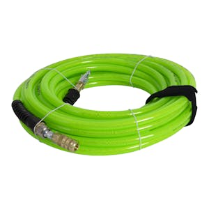 3/8" ID x 9/16" OD FLEXEEL Max® Reinforced Transparent Green Polyurethane Air Hose with Strain Relief, 1/4" Industrial Ball Swivel Coupler & 1/4" Industrial Air Safety Plug Fittings - 100' L