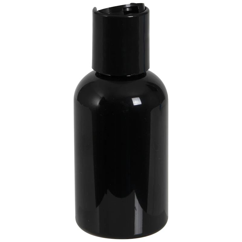 2 oz. Black PET Squat Boston Round Bottle with 20/410 Black Polypropylene Disc-Top Dispensing Cap