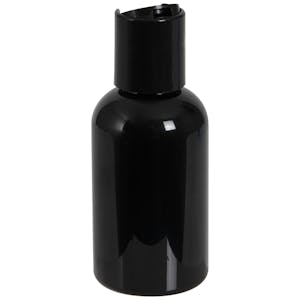 2 oz. Black PET Squat Boston Round Bottle with 20/410 Black Disc-Top Dispensing Cap