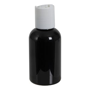 2 oz. Black PET Squat Boston Round Bottle with 20/410 White Disc-Top Dispensing Cap