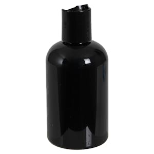 4 oz. Black PET Squat Boston Round Bottle with 20/410 Black Disc-Top Dispensing Cap