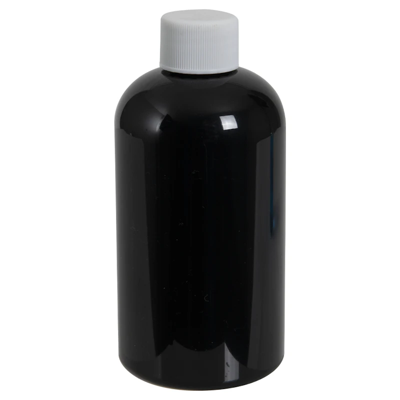 8 oz. Black PET Squat Boston Round Bottle with 24/410 White Ribbed Cap with F217 Liner
