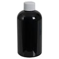 8 oz. Black PET Squat Boston Round Bottle with 24/410 White Ribbed Cap with F217 Liner