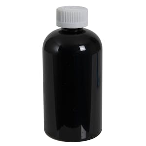 8 oz. Black PET Squat Boston Round Bottle with 24/400 White Ribbed CRC Cap with F217 Liner